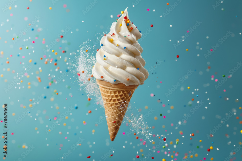 Vanilla Ice Cream Cone Floating Amidst Blue Sky with Sprinkles