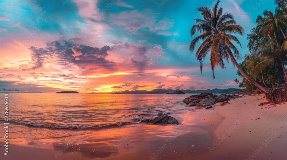 Majestic Sunset on Tropical Beach With Palm Trees