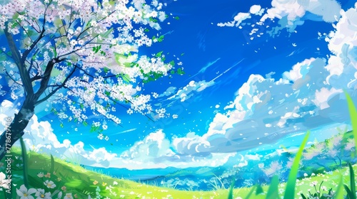 Beautiful anime background  with a blue sky and white clouds  a green grassland with cherry blossom trees in the distance  bright colors