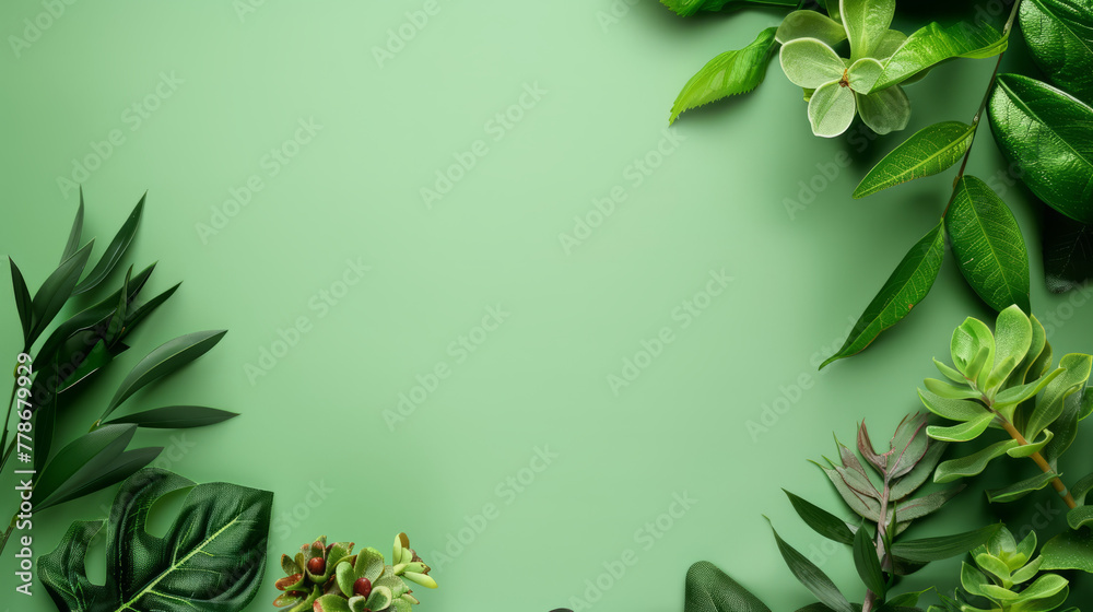 A collection of green plants with diverse textures and shades form a lush border on a pastel green backdrop