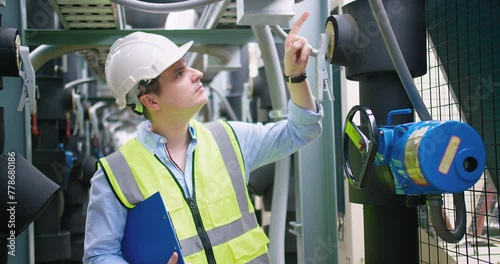 Civil engineer manager checking industry cooling air conditioner water cooling tower air chiller of large industrial building to control air system at construction site