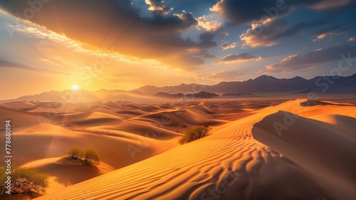 Sunset over the sand dunes in the desert, sun, landscape, Generative Ai