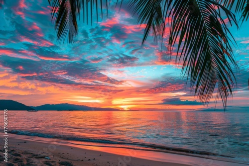 Palm Tree on Beach With Sunset Background