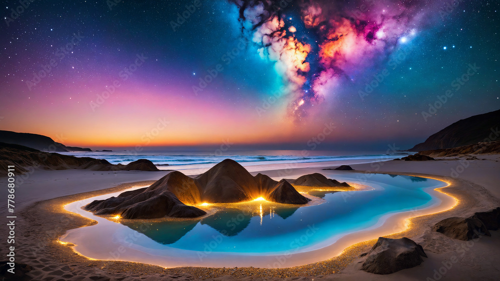 cosmic beach sunset reflection - obrazy, fototapety, plakaty 
