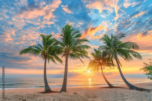 Three Palm Trees on a Beach at Sunset