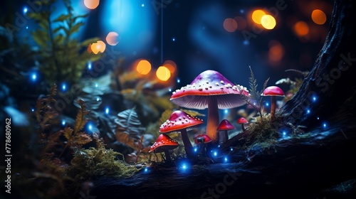 Magical mushrooms in dark mystery forest