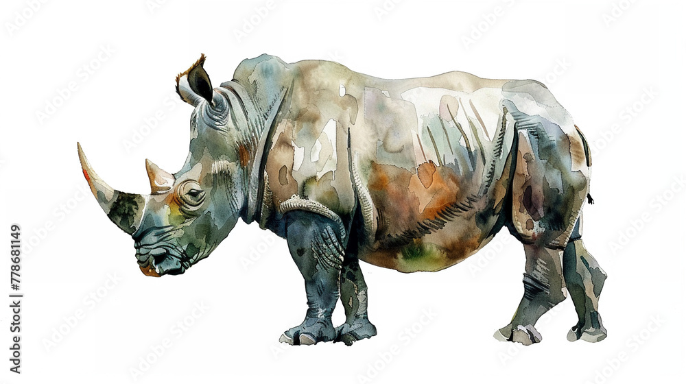 Rhino (Rhinoceros) in watercolour Isolated on white background. Rhino (Rhinoceros) in watercolour Isolated on white background.