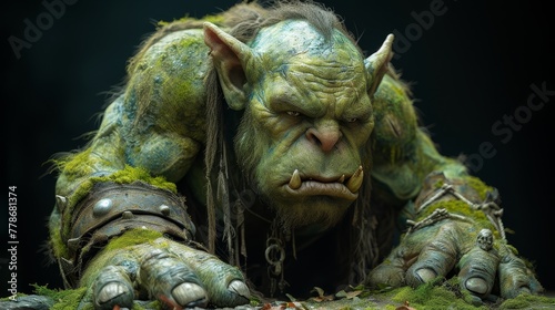 a close up of a troll with green paint on it's face and hands, with moss growing on the ground.
