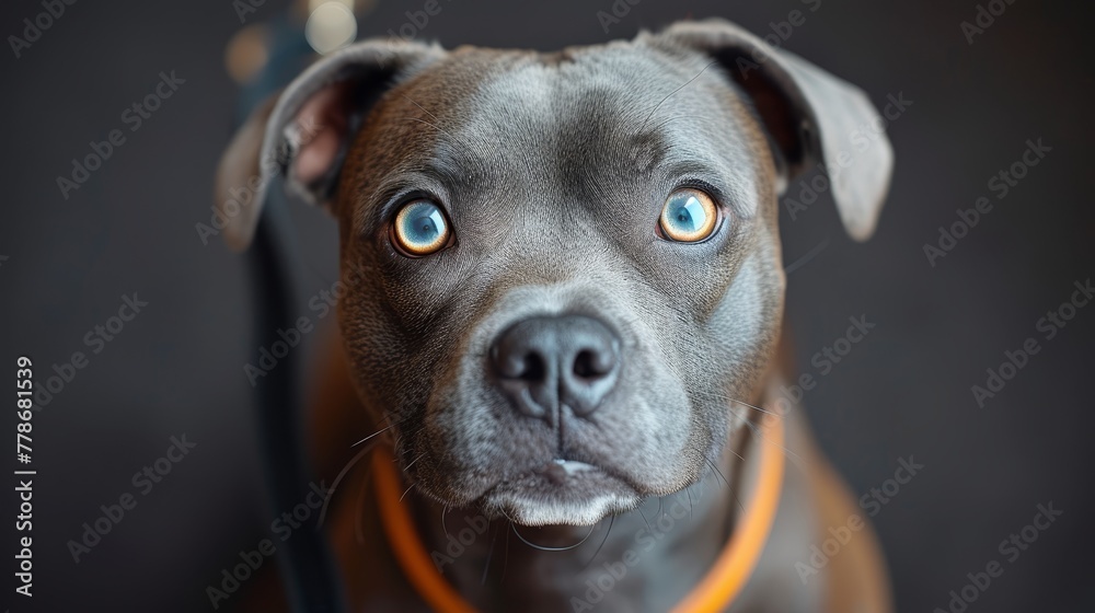 a close up of a dog's face with a leash around it's neck and a black background.