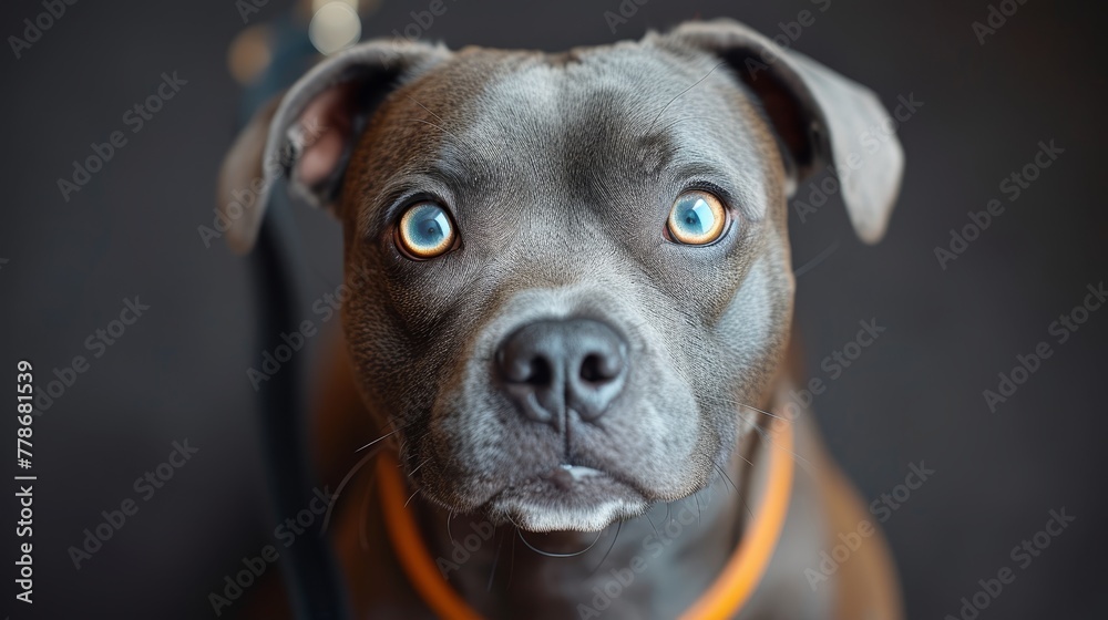 a close up of a dog's face with a leash around it's neck and a black background. a close up of a dog's face with a leash around it's neck and a black background.