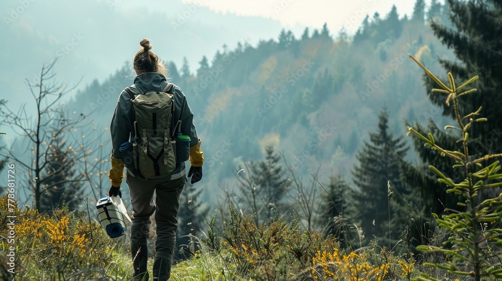 A forest ranger leading an Earth Day cleanup in the mountains, protecting nature