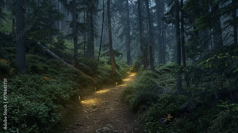A forest mountain path lit by the soft glow of solarpowered lights for an Earth Day night walk - obrazy, fototapety, plakaty 