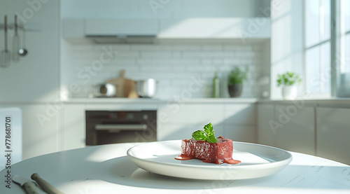 the vegan meat dish placed on table top in a white kitchen in a minimalistic modern home