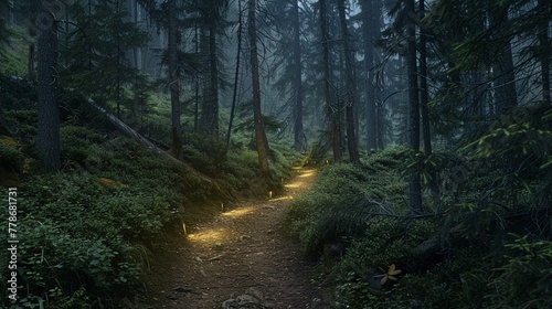 A forest mountain path lit by the soft glow of solarpowered lights for an Earth Day night walk