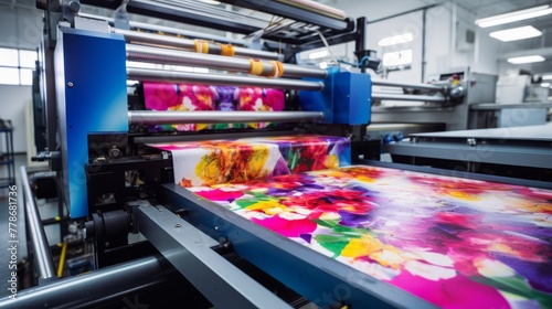 Modern printing press produces multi colored printouts accurately photo