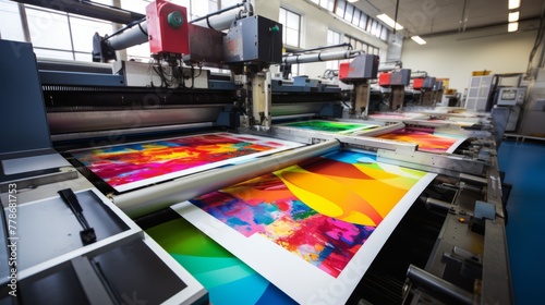 Modern printing press produces multi colored printouts accurately photo