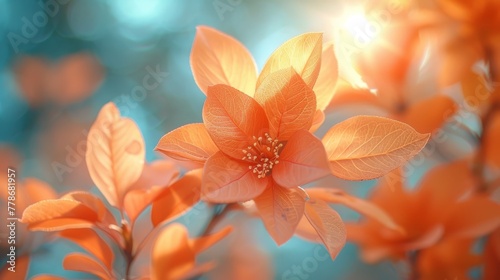 a close up of a flower on a branch with sunlight shining through the leaves on the back of the flower. © Mikus