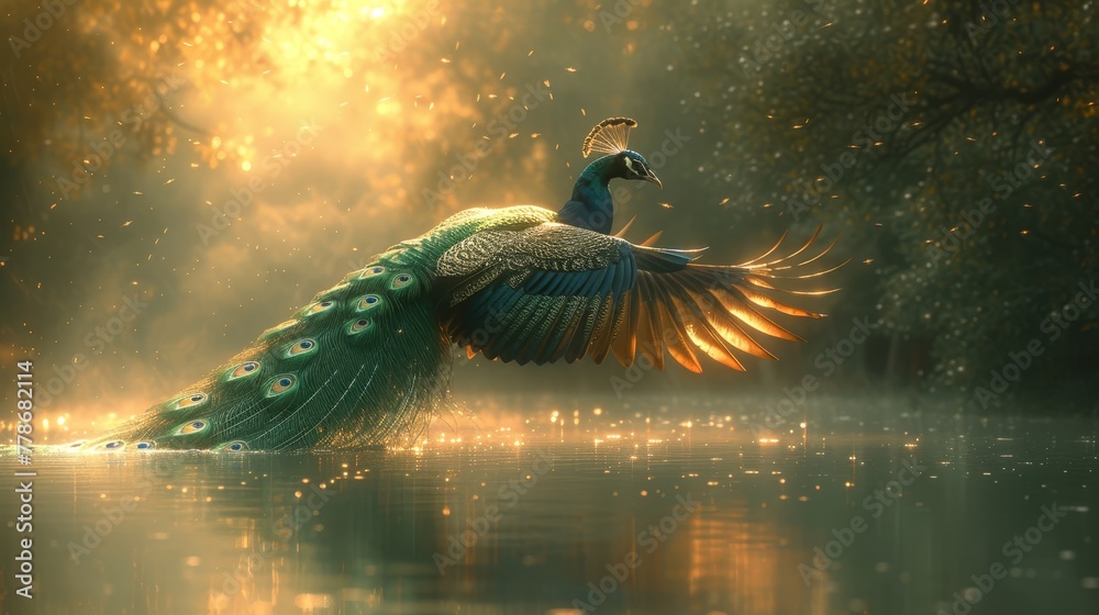 a-peacock-spreads-its-feathers-while-sitting-on-a-body-of-water-in