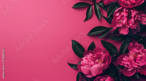 Full bloom vibrant pink peonies with rich green leaves artfully arranged on a complementary pink backdrop, emanating romance