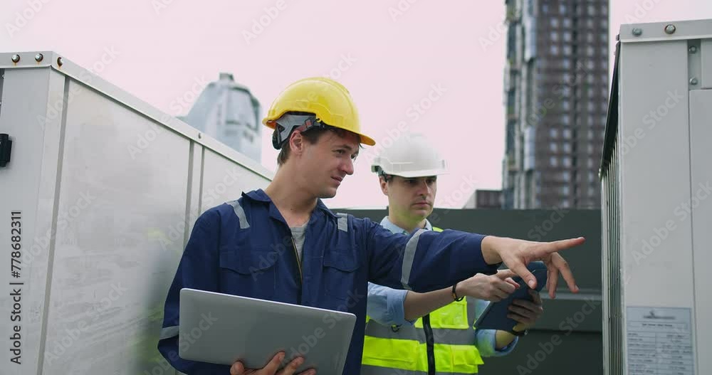 civil engineer Construction manager and manual worker inspector foreman in safety helmet holding laptop meeting conversation about project work at rooftop of building construction site civil engineer Construction manager and manual worker inspector foreman in safety helmet holding laptop meeting conversation about project work at rooftop of building construction site