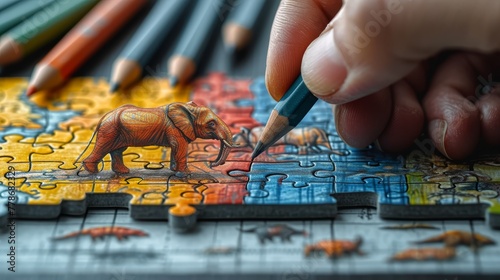 a close up of a person holding a pencil near a puzzle with a picture of a baby elephant on it.
