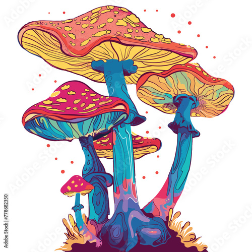 Colorful mushrooms. Simplified art, vibrant colors, psychedelic journey, mushrooms, artistic lines, vector design.