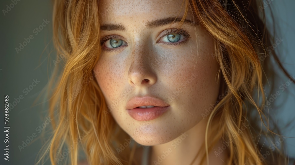 a close up of a woman's face with freckles and freckles on her face and freckles on her face. a close up of a woman's face with freckles and freckles on her face and freckles on her face.