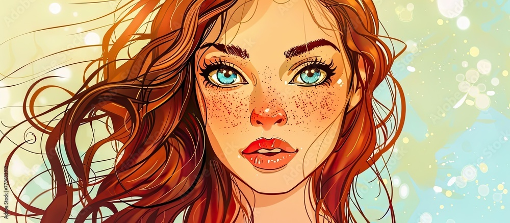 A portrait of a woman with vibrant red hair and striking blue eyes, featuring details like her forehead, nose, cheeks, chin, eyebrows, eyes, and mouth. Her hairstyle enhances her overall appearance A portrait of a woman with vibrant red hair and striking blue eyes, featuring details like her forehead, nose, cheeks, chin, eyebrows, eyes, and mouth. Her hairstyle enhances her overall appearance