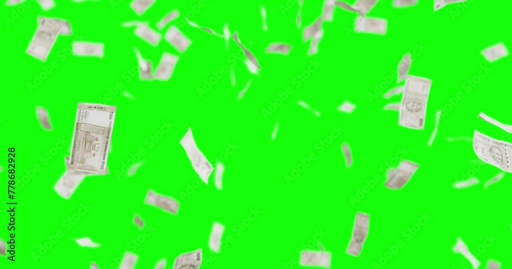 3D animation of 500 Rupees note money flowing down - green screen video 3D animation of 500 Rupees note money flowing down - green screen video