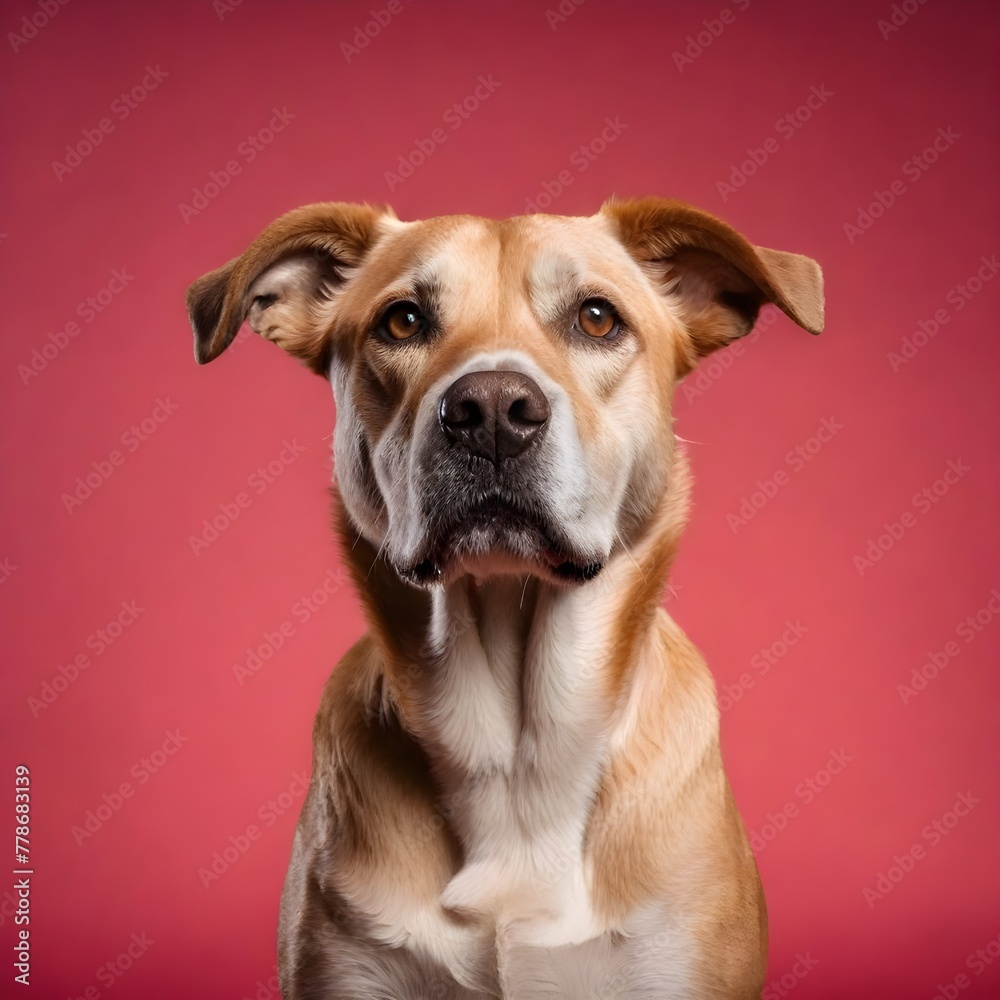 studio portrait of mixed breed dog looking at camera, solid pink background, headshot