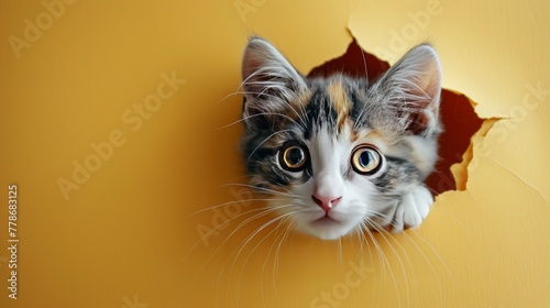 A curious cat looks through a round hole. yellow paper on the wall Its bright eyes reflected surprise and perseverance. With ample copy space on the side © Saowanee