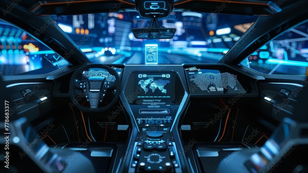 Futuristic autonomous vehicle cockpit. Futuristic autonomous vehicle cockpit.