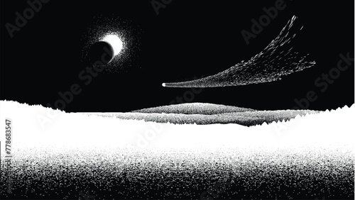 Star and planet in space. Futuristic landscape, with noise texture . Night landscape with starry sky .Vector illustration