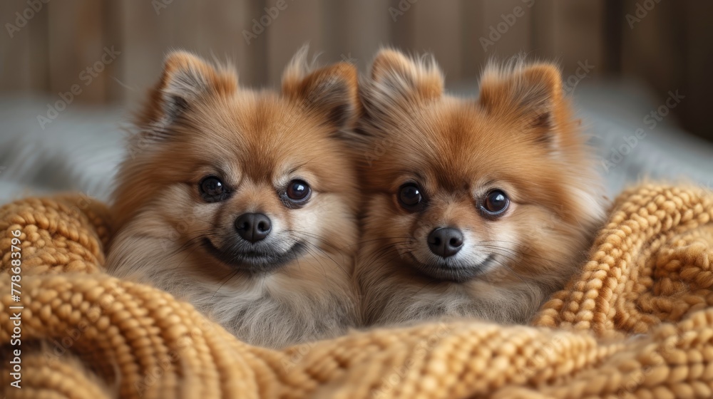 a couple of small dogs laying on top of a bed covered in a blanket on top of a bed next to each other. a couple of small dogs laying on top of a bed covered in a blanket on top of a bed next to each other.