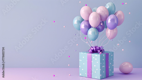3D rendering cartoon gift box with balloons flying out of it on a periwinkle background. A lavender and wisteria color palette is used. Minimal concept design. Happy birthday party banner template