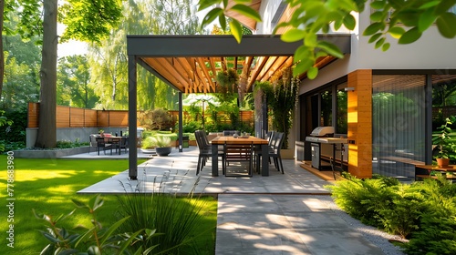 Contemporary Outdoor Haven: Backyard Patio with Seating and Entertaining Area on Sunny Day