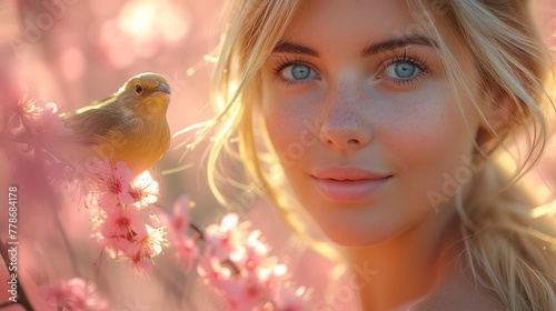 a beautiful blond woman with blue eyes standing next to a bird on a branch of a tree with pink flowers. © Mikus