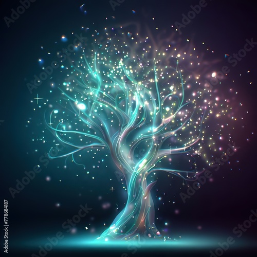Linear tree with beautiful light particles with dark background.with Generative AI technology 