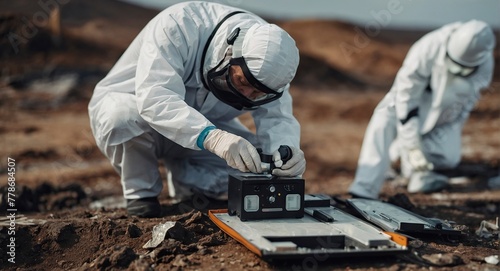 Scientists measuring radiation levels in the disaster area
