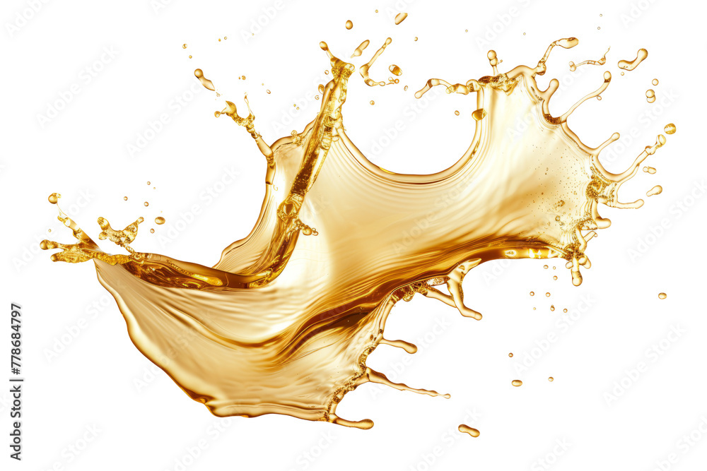 Golden splashes of oil with dynamic movement, isolated on a white background. Golden splashes of oil with dynamic movement, isolated on a white background.