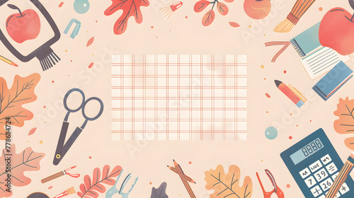 A cute flat cartoon vector setting with study tools, grid pattern in the core of the picture
