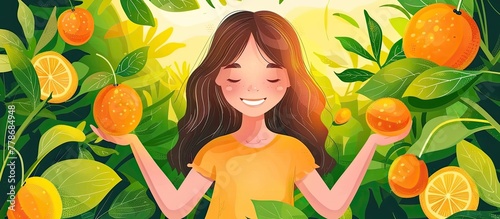 A girl with a happy facial expression is holding oranges in her hands in a garden. The lush green grass, trees, and yellow fruits create a picturesque scene of nature © AkuAku