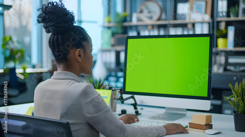 A female employee in an office is using a green screen monitor for digital design