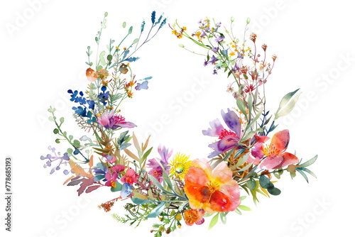 Vibrant watercolor wreath of wildflowers and greenery  adding a touch of nature