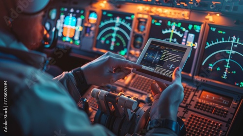 Pilot showing digital tablet to copilot in cockpit of private plane photo
