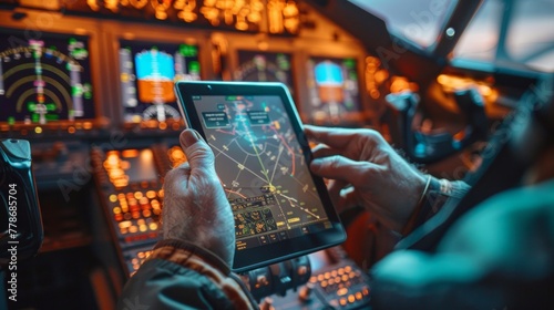 Pilot showing digital tablet to copilot in cockpit of private plane
