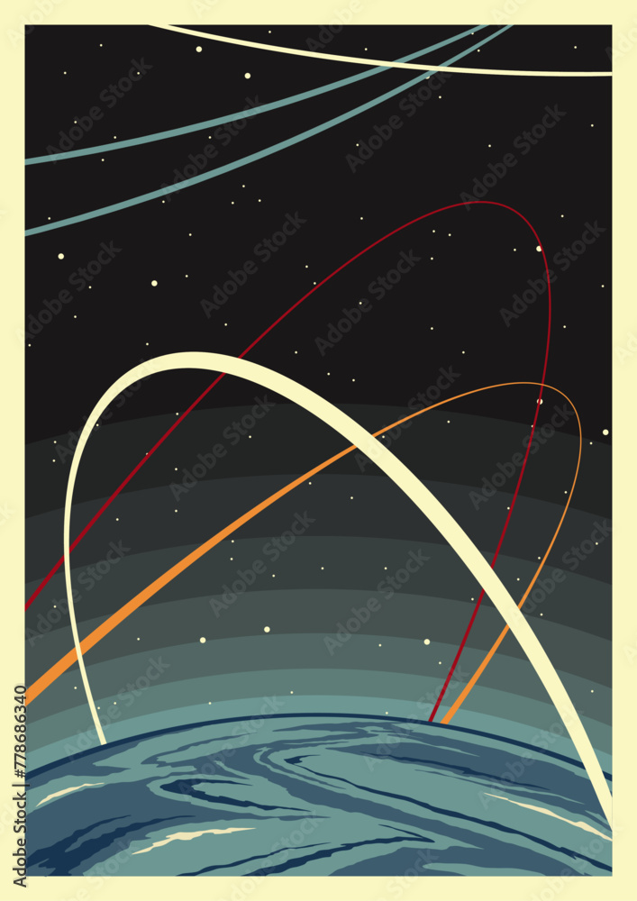 Naklejka premium Retro Space Poster Template. Planet, Orbit, Moon, Stars. Cosmic Background, Retro Colors and Style 