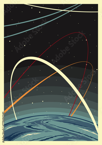 Retro Space Poster Template. Planet, Orbit, Moon, Stars. Cosmic Background, Retro Colors and Style 