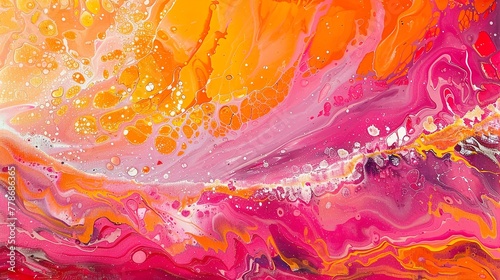 Summer sunset marbling with fiery oranges and pinks in acrylic
