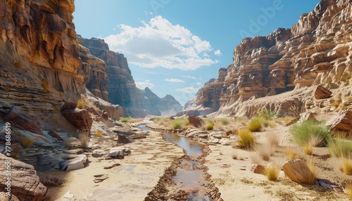 Desert Canyon, Spectacular vistas of rugged canyons carved by wind and water erosion, with towering cliffs and narrow slot canyons